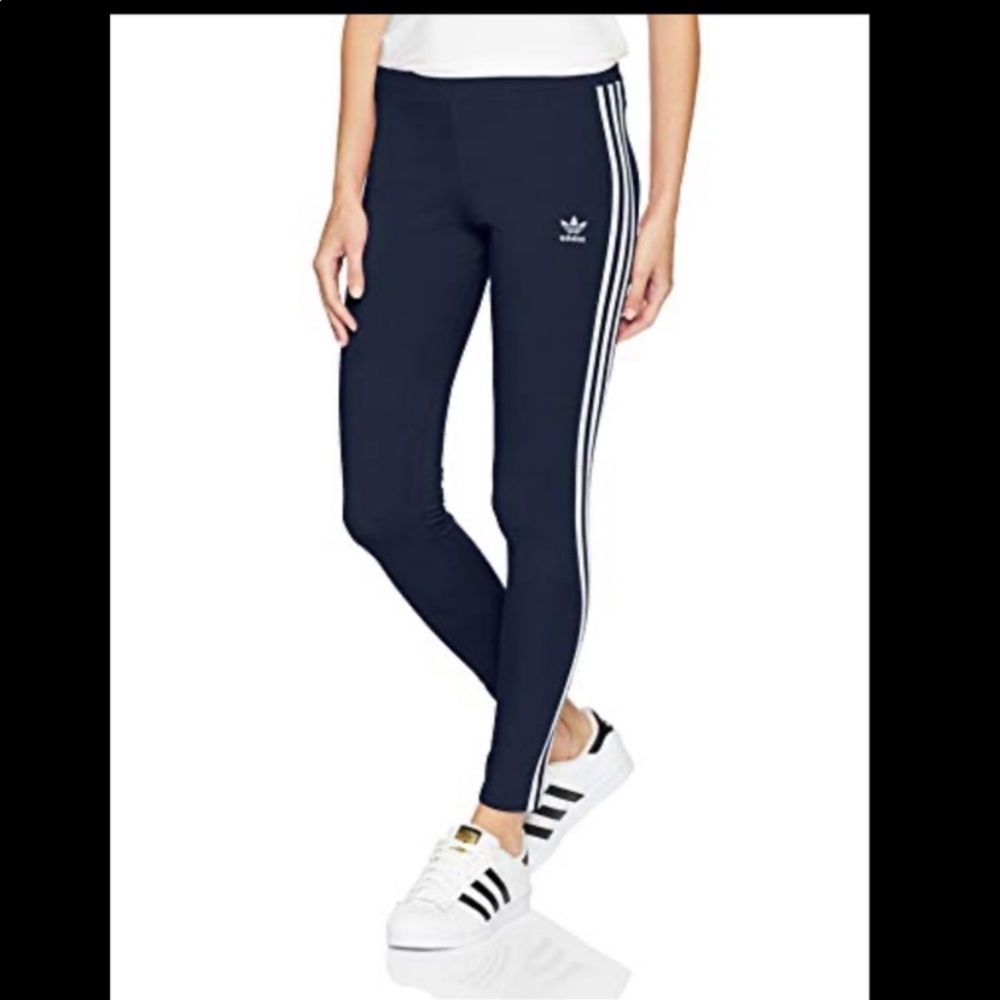 Blue adidas leggins 3 strips down the side